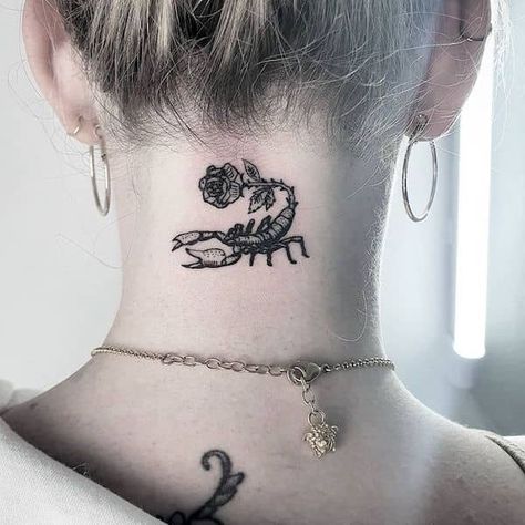 69 Scorpio Tattoos For The Mysteriously Attractive Sign Neck Tattoos For Women, Rose Neck Tattoo, Scorpio Tattoos, Horoscope Tattoos, Scorpio Tattoo, Girls With Sleeve Tattoos, Palm Tattoos, Neck Tattoos Women, Back Of Neck Tattoo