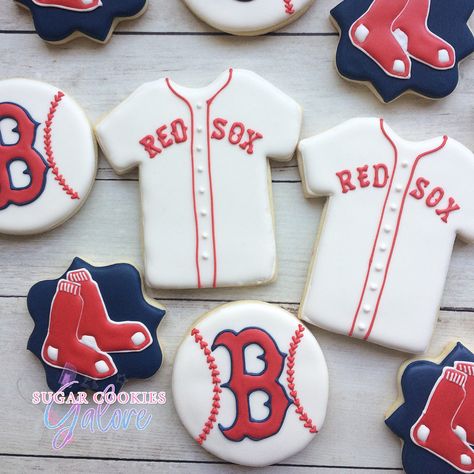 Baseball Sugar Cookies, Red Sox Party, Red Sox Cake, Lil Slugger, Baseball Cupcakes, Sports Cookies, Baseball Cookies, Grooms Table, Baseball Cake