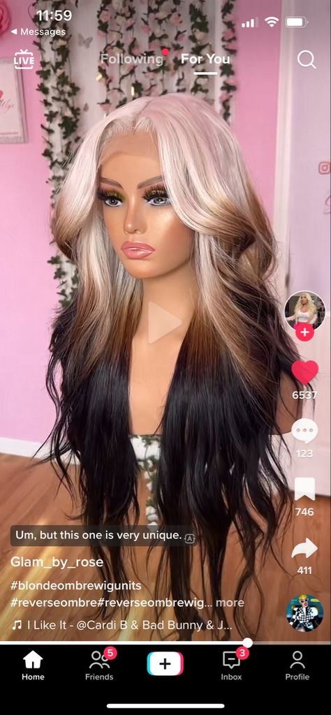 Black With Blonde Streak, Unique Hair Dye Ideas Color Trends, Blonette Hair Color Ideas, 2 Tone Hair Color Ideas For Black Women, Reverse Ombré Hair, Reverse Ombre Hair Blonde, Fall Hair With Money Piece, Blonde Reverse Ombre, Reverse Ombre Wig