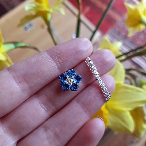 Just popping back on Instagram on this fine Wednesday morning to show this little forget-me-not pendant order I posted off yesterday. It's crocheted with a 0.4mm hook and finished with a tiny bail and 18 inch chain, both in Sterling silver. Both jewellery and crochet pattern are available in my Etsy Store, I'll put the details in my stories. #forgetmenot #forgetmenots #creativityeveryday #crochetdesigns #crochetersofinstagram #tinyflower #crochetflowers #crochetgift #crochetersofinsta #croc... Popping Back, Micro Crochet, Wednesday Morning, Tiny Flowers, Forget Me Not, Crochet Gifts, Crochet Designs, Crochet Flowers, Etsy Store