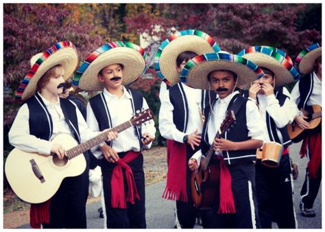 Go in on a group costume: Dressing up can be much more fun when done together. Doesn’t this mariachi band look like a scene from a Wes Anderson film? We especially like the substantial fake mustaches and real guitars. Homemade Group Halloween Costumes, Mariachi Costume, Day Of Dead Costume, Costumes Homemade, Zombie Couple Costume, Zombie Costumes, Painting Tattoos, Fake Mustaches, Halloween Couples