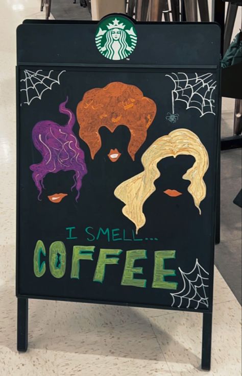 Oleato Starbucks Sign, Starbucks Halloween Board, Starbucks Sign, Starbucks Chalkboard, Halloween Chalkboard Art, Starbucks Art, Halloween Chalkboard, Coffee Shop Signs, Grind Coffee