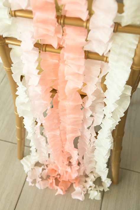 Learn how easily you can make this chic wedding chair decor out of just crepe paper! Bridal Chair Decorations, Crepe Paper Backdrop, Wedding Chair Decor, Crepe Paper Garland, Crepe Paper Decorations, Bridal Chair, Birthday Chair, Wedding Reception Chairs, Diy Streamers