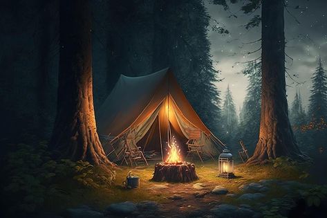 Photo camping at night in the forest wit... | Premium Photo #Freepik #photo #dark-forest #summer-garden #landscape-design #nature-trees Fantasy Camping, Camping In Forest, Campsite Design, Camping At Night, Fantasy Camp, Night In The Forest, Egypt Games, Landscape References, Night Picnic