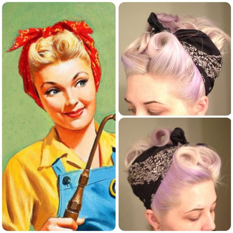 Retro bandana hair, victory rolls, pin curls, vintage, pinup. Handkerchief Hairstyles, Pinup Hairstyle, 1940 Hairstyles, Hairstyles Bandana, Vintage Wedding Nails, Moda Pin Up, Hairstyle Diy, Cabelo Pin Up, Victory Roll