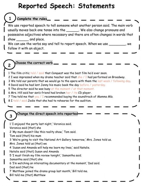 Reported Speech English as a Second Language (ESL) ficha. Puedes hacer los ejercicios online o descargar la ficha como pdf. Reported Speech Worksheets, Parts Of Speech Worksheet, Speech Worksheets, Personal Pronouns Worksheets, Adjectives Grammar, Pronouns Worksheet, Conjunctions Worksheet, 2nd Grade Reading Worksheets, Direct And Indirect Speech