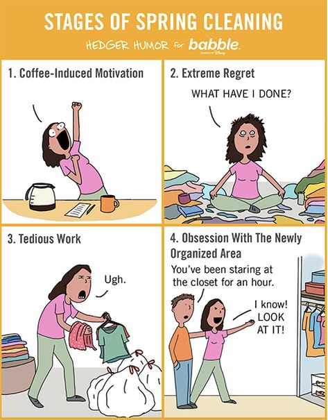 This was me over the weekend, except that I was cleaning out the pantry. I found some things that expired back in 2008!  I usually get stuck in stage 2 for a while, wondering if there's any way out of what I started...  Is this how spring cleaning goes for you?  (Cartoon for Babble.) Selfie Humor, House Cleaning Humor, Cleaning Humor, Spring Cleaning Quotes, Cleaning Cartoon, Cleaning Quotes Funny, Cleaning Quotes, Cleaning Lady, Cartoon House