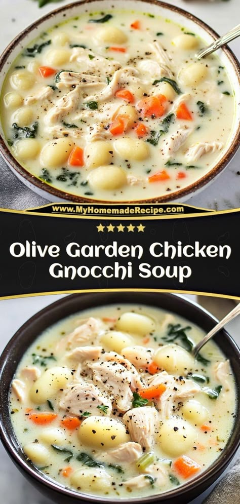 🥣 Creamy, cozy Chicken Gnocchi Soup just like Olive Garden! Tender potato gnocchi and chicken in a rich, herb-infused broth. Better than the restaurant version and made right at home. Ingredients: 1 lb potato gnocchi 2 cups shredded chicken 4 cups chicken broth 1 cup heavy cream Skip the restaurant - this soup brings Olive Garden to your kitchen! 🍜✨ Copycat Chicken Gnocchi Soup Crockpot, Crockpot Recipes Chicken Gnocchi Soup, Chicken And Gnocchi Soup Dairy Free, Olive Garden Soup Recipes Gnocchi, Gnocchi Recipes Soup Olive Gardens, Oliver Garden Soup, Chicken Gnocchi Soup Olive Garden Insta Pot, Chicken Soup Gnocchi, Chicken Potato Gnocchi Soup