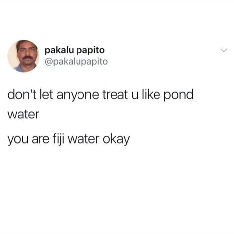 "Dont let anyone treat you like pond water... You are Figi water! Okay?" Pakalu Papito [960x955]... Pakalu Papito, Senior Quotes Funny, Motivation Positive, Twitter Quotes Funny, Treat You, Funny Relatable Quotes, Deep Thought Quotes, Funny Tweets, Fact Quotes