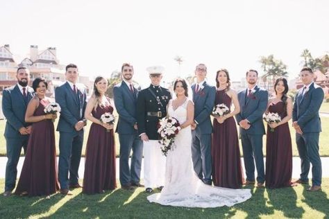 Bridesmaid Dresses With Navy Suits, Army Wedding Colors, Marine Wedding Colors, Color Bridesmaid Dresses, Wine Color Bridesmaid Dress, Army Wedding, Navy Suit Wedding, Navy Suits, Marine Wedding