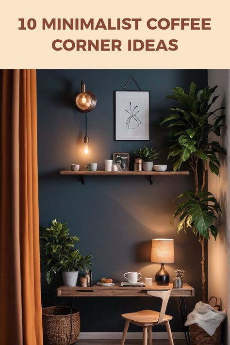 A beautifully arranged minimalist coffee corner features cozy decor, functional shelving, plants, and warm lighting, showcasing the perfect way to design your coffee area using minimalist principles. Coffee Nook Decor, Coffee Corner Ideas, Coffee Corners, Nook Inspiration, Coffee Area, Corner Ideas, Minimalist Coffee, Cozy Nooks, Coffee Nook