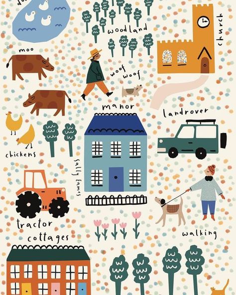 I grew up in a tiny village (more of a hamlet) in the midlands, and I loved it! Even though I moved out years ago, my parents still live there and I still refer to it as ‘home’. This depicts lots of the things that I think make village life lovely and make me think of home. I even love the smell when the farmers are spreading muck on the fields 😂 #nostalgia Good Illustration, Village Map, Tiny Village, Village Life, Illustrators On Instagram, Moving Out, My Parents, Character Illustration, Pattern Art