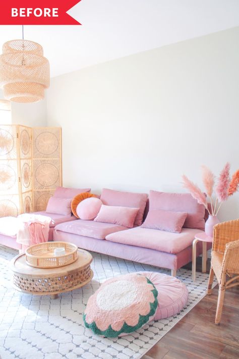 Throw Pillows On Pink Couch, Pink Couches, Rosa Sofa, Söderhamn Sofa, Deco Pastel, Arizona Living, Boho Apartments, Colorful Apartment, Budget Apartment