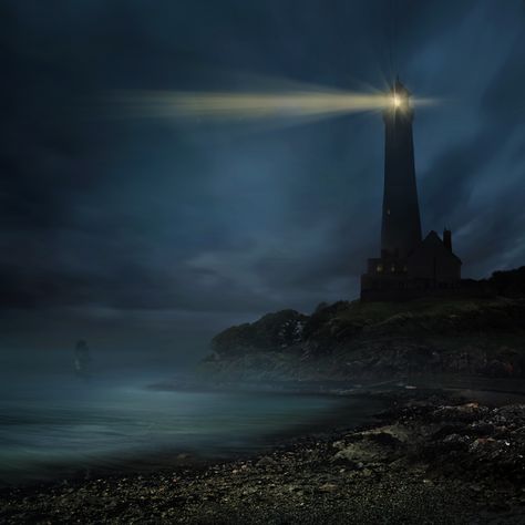 at dawn, the sea... Lighthouse At Night Photography, Lighthouse In The Dark, Bone Island, Lighthouse Night, Lighthouse At Night, Lighthouse Island, House Greyjoy, Lighthouse Drawing, Lighthouse Painting