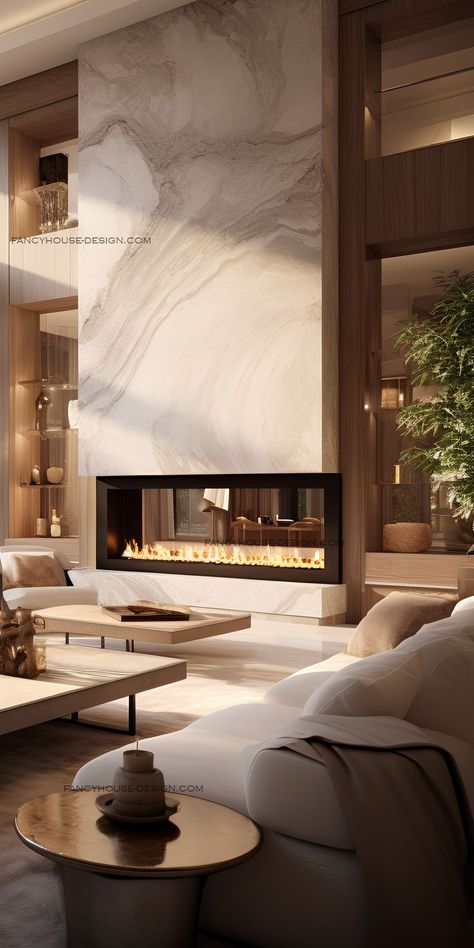 High Ceiling Living Room Modern, Fireplace Modern Design, Luxury Fireplace, High Ceiling Living Room, Marble Interior, Modern Luxury Interior, Narrow Living Room, Contemporary Fireplace, Wall Tattoo