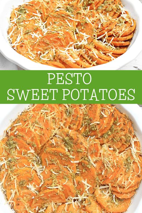 Pesto Sweet Potatoes ~ Thinly sliced sweet potatoes tossed in basil pesto and Parmesan cheese. Perfect for Thanksgiving or Christmas dinner! via @thiswifecooks Sweet Potato Pesto, Potato Recipes For Breakfast, Potato Recipes Vegan, Recipes For Party Appetizers, Sliced Sweet Potatoes, Thanksgiving Recipes Vegetarian, Healthy Plant Based Meals, Thanksgiving With Friends, Italian Subs