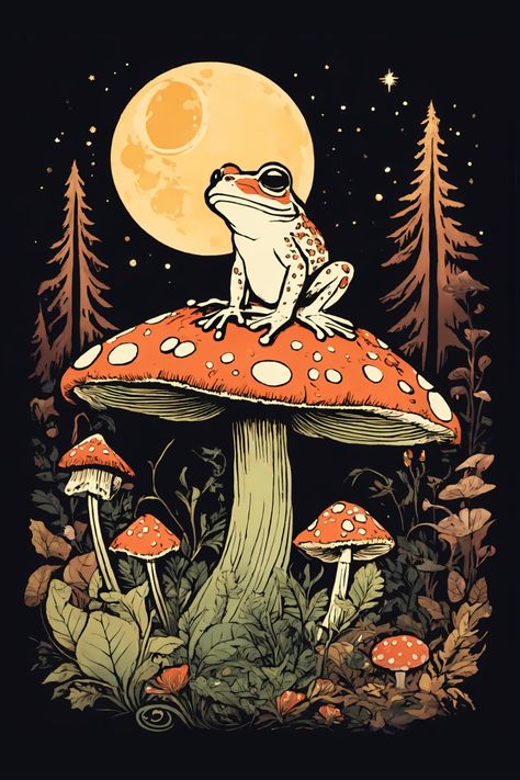 Cottagecore Aesthetic Frog Under The Moon T-Shirt Mushroom With Frog Drawing, Cottagecore Halloween Aesthetic, Animals With Mushrooms, Grungy Illustrations, Mushroom Frog Painting, Frog Drawing Aesthetic, Dark Green Art Aesthetic, Mushroom Art Ideas, Aesthetic Mushroom Art