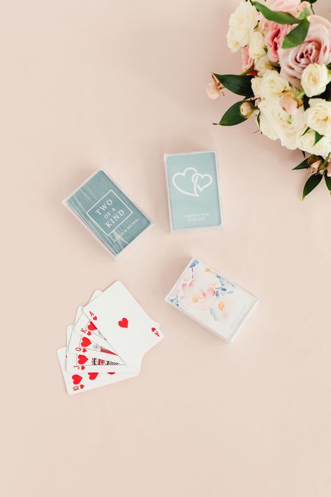 Perfect for guests at a bridal shower or wedding reception, a custom deck of cards is the best party favor! These cool cards can also be personalized with monogrammed initials, set of names, or wedding date to add a custom, more personal touch. Available in a variety of designs and colors to match your wedding or party theme. Deck Of Card Wedding Favors, Wedding Deck Of Cards, Elevated Garden, Custom Playing Cards, Custom Deck Of Cards, Guest Signing, Best Party, Card Deck, Wedding Date