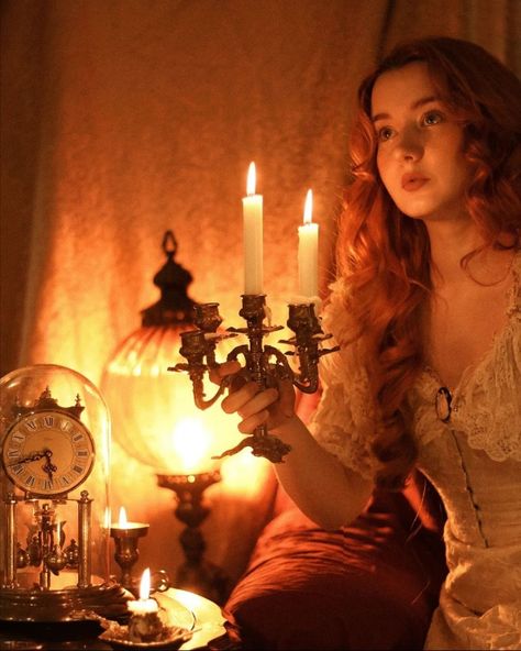 Medieval Photoshoot, Aesthetic Redhead, Redhead Witch, Woodland Witch, Library Photo Shoot, Bold Lip Makeup, Candle In The Dark, Cottagecore Witch, Medieval Aesthetic