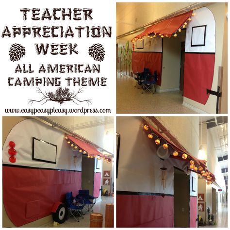 Teacher Appreciation Week All American Camping Theme ideas at www.easypeasypleasy.wordpress.com Happy Camper Book Fair, Camp Classroom, Camp Room, Teachers Appreciation Week, Camp Vbs, Camping Decorations, Teacher Appreciation Themes, Camping Classroom, Teachers Week