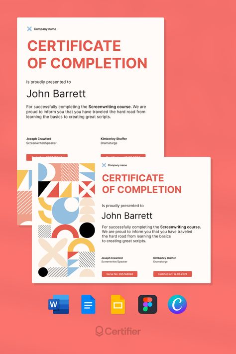 Set a new standard for recognition with our modern and dynamic white certificate of completion. Tailor-made for training and seminars, this template features a crisp, clean design with the Inter font for a stylish edge. With Certifier, personalizing your certificate is straightforward and free. Choose from landscape or portrait formats and download in various file formats. Opt for digital certificates with Certifier – a sustainable, efficient choice for today's learning environments. Portrait Certificate Design, Completion Certificate, Certificate Of Completion Template, Design Portrait, Free Certificates, Digital Certificate, Certificate Of Completion, Certificate Design, Google Docs