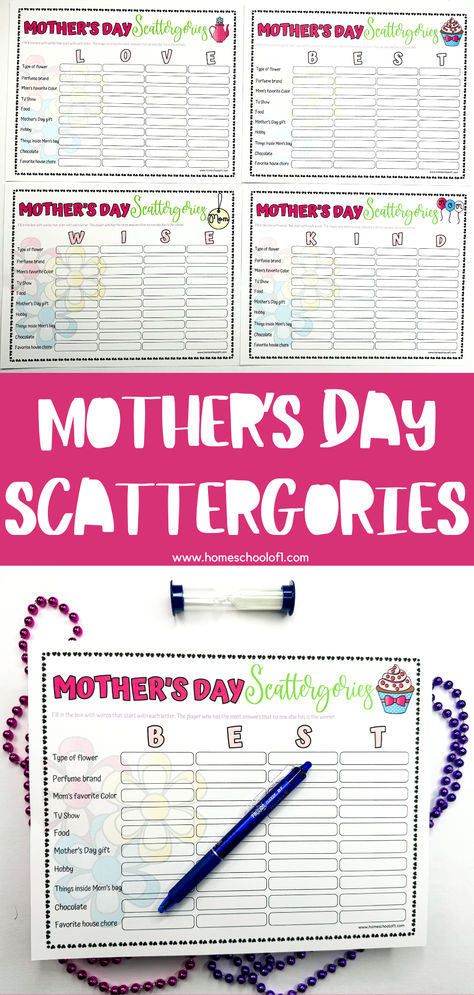 Celebrate Mother's Day creatively with our free printable Mother's Day Scattergories game. It features four unique boards, each marked with 'LOVE', 'WISH', 'KIND', or 'BEST' to inspire players. Designed to spark discussions on Mom's favorites, this game promises fun and engaging family time. Perfect for any gathering, enhance your celebration with these thoughtfully selected categories. Free Mother's Day Games, Mothers Day Lunch, Patriotic Activities, Scattergories Game, Mother's Day Games, Mother's Day Printables, Mom And Child, Word Search Printables, Bingo Cards Printable