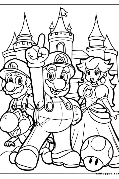 Mario, Luigi, and Princess Peach standing in front of a castle, with a large mushroom on the ground. Mario Coloring, Pikachu Coloring Page, Super Mario Coloring Pages, Fathers Day Coloring Page, Mario Coloring Pages, Coloring Page Ideas, Pokemon Coloring Pages, Relaxing Colors, Pokemon Coloring