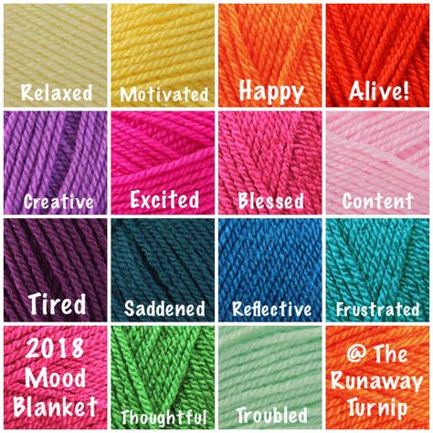 Looking forwards to starting my mood blanket in 2018.    I’ve selected 14 Special DK yarns and assigned them to a mood. Each day I will crochet a small granny square that matches my mood for the day. At the end of the year I’ll have a big blanket that shows my mood throughout the year. :)    @TheRunawayTurnip Mood Blanket Knit, Crochet Mood Blanket Colors, Mood Blanket Crochet Colour, Mood Blanket Crochet Ideas, Year Crochet Blanket, Mood Crochet Blanket, Mood Blanket Crochet, Crochet Mood Blanket, Temp Blanket