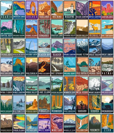 PRICES MAY VARY. A COLLECTOR'S DREAM SET: Unveil the unparalleled beauty and diversity of America's pristine landscapes with our extraordinary collection of posters showcasing all 63 natural parks. From the iconic peaks of Yosemite to the tranquil swamps of Everglades, embark on an awe-inspiring journey through the heart of America's wilderness, right in the comfort of your own space. COMPREHENSIVE PARK SELECTION: Discover the full spectrum of America's natural diversity, from the towering sequo Wpa National Park Posters, Travel Theme Decor, Vintage National Park Posters, Posters Nature, Poster Classroom, Wall Collage Kit, Dorm Posters, Posters Wall Art, Collage Kit