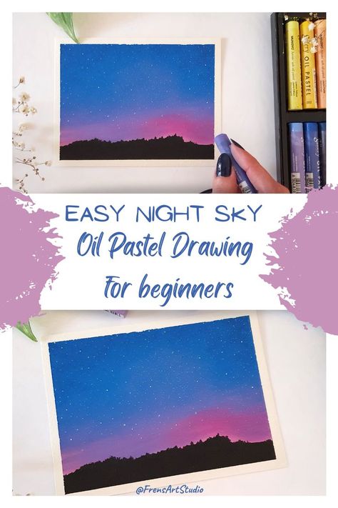 Oil Pastel Art Landscape Night, Night Drawing Easy, Oil Pastel Art For Beginners Step By Step Easy, Different Art Mediums, Aesthetic Night Sky, Night Sky Drawing, Easy Diy Wall Art, Pastel Tutorial, Sky Drawing