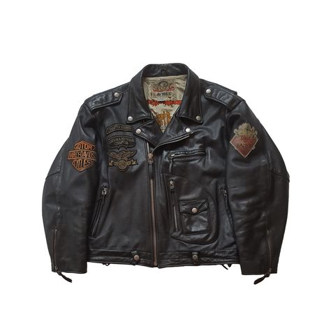 Collectible oversized motorcycle jacket from one of the most famous and iconic brands that clearly draws on the classic retro style of the 50s, with a D pocket and many patches that pay tribute to American legend Harley Davidson and famous traditional tattoo artist Percy Waters. Manufactured in the 90s, strong and heavy cowhide. Externally, the jacket has been perfectly preserved with minor scuffs, the lining has many hand stitches, which gives it a real vintage authenticity. Original accessorie 90s American Fashion, Percy Waters, Vintage Jackets Retro, Harley Davidson Style, Hand Stitches, Motorcycle Clothing, Harley Davidson Jacket, Motorcycle Jackets, American Legend