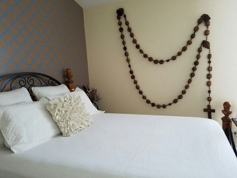 Rosary Wall Decor, Large Rosary Wall Hanging, Rosary Display Ideas, Rosary Decor, Rosary Display, Wall Rosary, Catholic Altar, Catholic Decor, Gold Bedroom