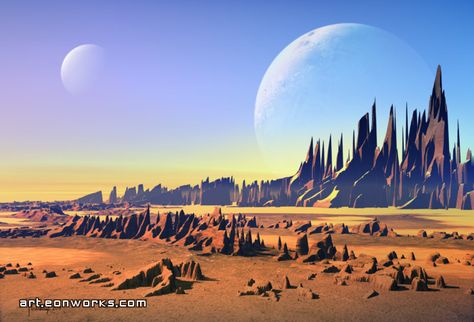 two moons above a desert space art landscape poster #spaceart #landscape Alien Landscape, Two Moons, Sci Fi Landscape, Space Artwork, Planets Art, New Fantasy, Alien Planet, Space Poster, Alien Worlds