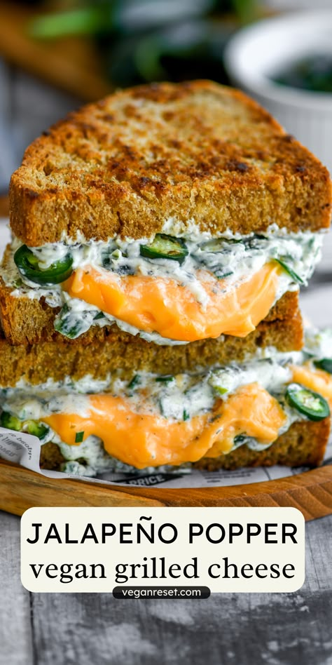 This Vegan Jalapeño Popper Grilled Cheese recipe is easy to make, gooey, delicious, and the perfect comfort food. Enjoy it by itself or with a bowl of soup. #VeganRecipes #VeganComfort Sugar Free Vegan Recipes, Vegan Lo Mein, Popper Grilled Cheese, Vegan Jalapeno Poppers, Vegan Grilled Cheese, Vegan Bites, Jalapeno Popper Grilled Cheese, Grilled Cheese Recipe, Recipes By Ingredients