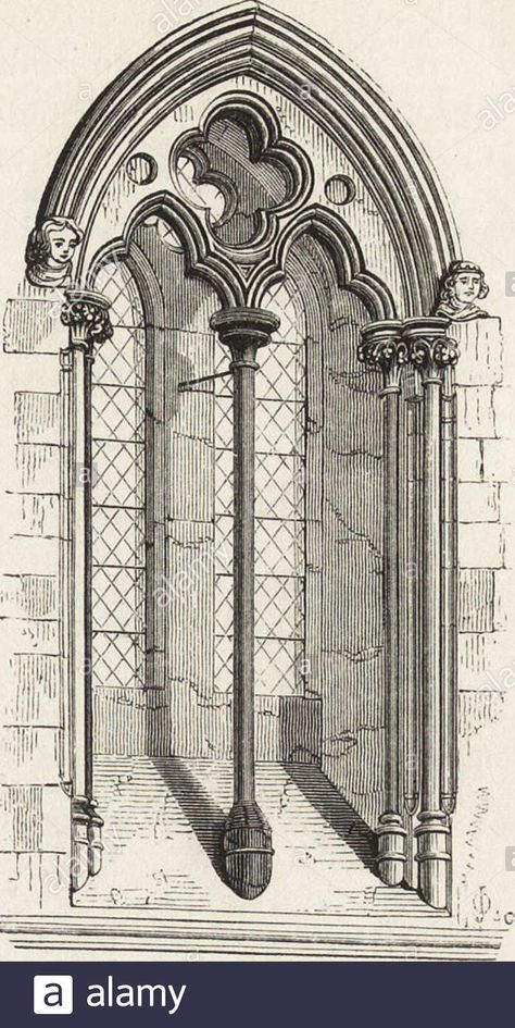 Download this stock image: An introduction to the study of Gothic architecture . l, Winchester, a.d. 1222—1235. The window has plate-tracery, consisting of a quatrefoil in the head, and thetwo lights have trefoil heads and transoms. four lancet-lights, with dripstone-mouldings connectingthem into one window of two divisions, each of twolights, with an open quatrefoil in the head, and a largerfoliated opening in the general head above : it is onlynecessary to reduce the quantity of solid masonry Gothic Architecture Drawing, Croquis Architecture, Window Sketch, 3d Templates, Architecture Drawing Sketchbooks, Gothic Windows, Istoria Artei, Gothic Cathedrals, Cathedral Architecture