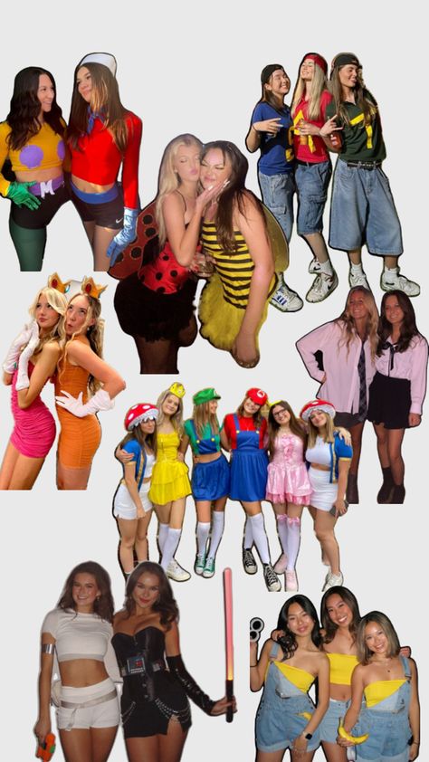 costumes for duos, trios, groups Trio Costumes For Girls, Girl Duo Costumes, Costumes For Duos, Trio Costumes, Halloween Duos, Horror Halloween Costumes, Cute Group Halloween Costumes, Matching Halloween Costumes, Duo Costumes