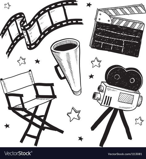 Doodle movie film camera director chair clapper Vector Image Film Drawing, Camera Doodle, Kino Box, Dslr Quotes, Deco Cinema, Style Movie, Camera Illustration, Chair Drawing, Camera Drawing