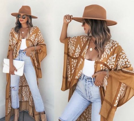 Kimono Duster Outfit, Mustard Kimono Outfit, Boho Duster Outfit, Duster Outfit, Edgy Boho, Florida Outfits, Duster Kimono, Thrift Inspo, Kimono Outfit