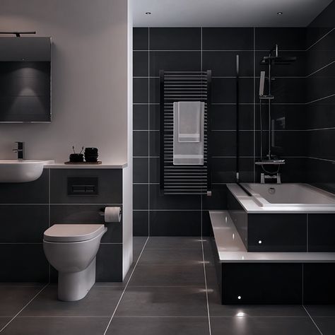 Dark Grey Tile Bathroom, Grey Bathroom Wall Tiles, Gray Bathroom Walls, Grey Bathrooms Designs, Dark Gray Bathroom, Grey Wall Tiles, Porcelain Bathroom, Small Bathroom Tiles, Grey Bathroom Tiles