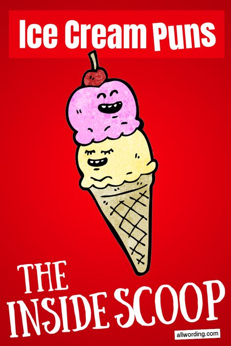 A delicious list of ice cream puns. Includes wordplay about cones, sundaes, rocky road, and more. #icecreampuns Cute Ice Cream Quotes, Ice Cream Jokes, Ice Cream Memes, Ice Cream Quotes Funny, Vegan Pumpkin Ice Cream, Cream Quotes, Ice Cream Puns, Ice Cream Quotes, Ice Cream Social Party