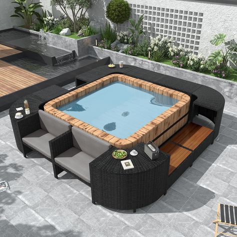 PRICES MAY VARY. Made for Portable Spa - This patio spa surround is a versatile accessory for your spa. It gives the spa a chic and modern look while creating a more functional and user-friendly spa area. This spa surround is suitable for the portable spa with its side of 74” (Note: this spa surround does not include the portable spa). Durable Material - The main material of this outdoor rattan sectional sofa set are rattan and steel, which are practicable and durable. And the cushions on the so Tub Accessories, Hot Tub Surround, Wicker Outdoor Sectional, Spa Area, Rattan Weaving, Hot Tub Accessories, Mini Sofa, Rattan Material, Portable Spa