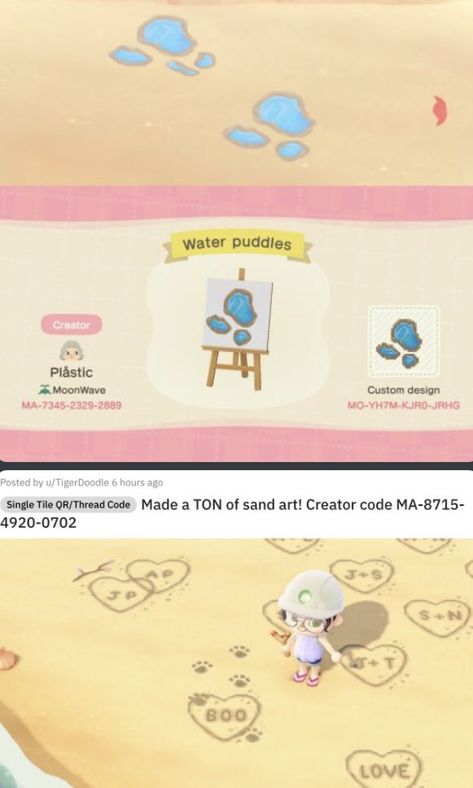 Sand Drawing Acnh, Acnh Pool Path Code, Cute Custom Designs Animal Crossing Paths, Acnh Sand Drawing Codes, Acnh Footprints Code, Animal Crossing Aesthetic Clothes Code, Puddle Design Acnh, Acnh Water Puddle Design, Animal Crossing Puddle Design