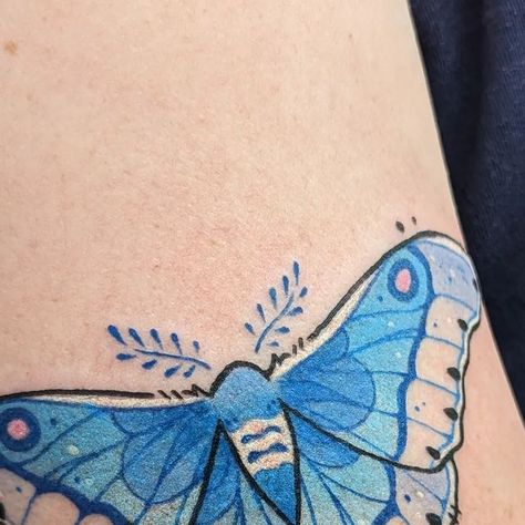 Rosie Cole on Instagram: "Moth from my flash! Thank you for snagging this up, Michelle! 🥹💖 And for trusting me with your first tatt! . . . . . . . . . #michigantattooers #michigantattooartist #colortattoo #bluetattoo #moth #mothtattoo" Cute Moth Tattoo, Maple Moth Tattoo, Rosy Maple Moth Tattoo, Moth Tattoos, Michigan Tattoos, Icarus Tattoo, Maple Moth, Rosy Maple Moth, Cute Moth