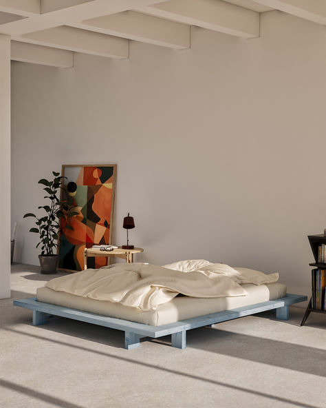 Dive into the tranquility of our Japan bed in Blue Dream. This elegant shade brings a touch of minimalistic sophistication to any bedroom. #KarupDesign #JapanBed #BlueDream #Minimalist #BedroomGoals Bed With No Headboard Ideas, 70s House Decor, Minimal Bed Frame, Japan Bed, Painted Bed Frames, Palette Bed, Japan Interior Design, Japan Furniture, Japanese Bed