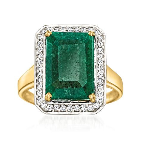 5.50 Carat Emerald and .20 ct. t.w. Diamond Ring in 14kt Yellow Gold. Size 6 Luxury Yellow Gold Emerald Ring With Polished Finish, Luxury Yellow Gold Emerald Ring Fine Jewelry, Fine Jewelry Yellow Gold Polished Emerald Ring, Luxury 22k Gold Emerald Ring, 14k Gold Emerald Ring With 17 Jewels - Collectible, Diamond And Emerald Ring, Emerald Birthstone, Emerald And Diamond Ring, May Birthday