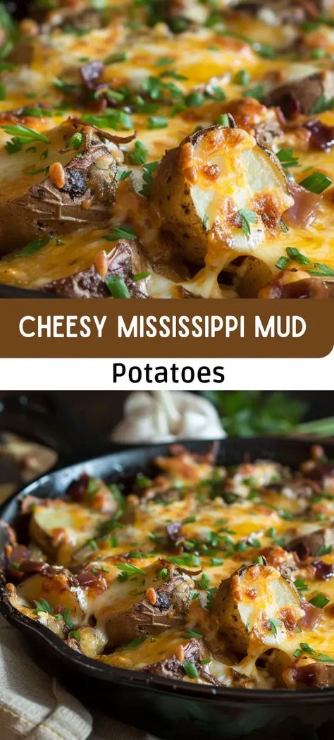 Cheesy Mississippi Mud Potatoes Mississippi Mud Potatoes, Crispy Beef, Cheesy Potato Casserole, Lunch Appetizers, Mississippi Mud, Cheesy Potato, Savory Herb, Dinner Side Dishes, Potato Side Dishes