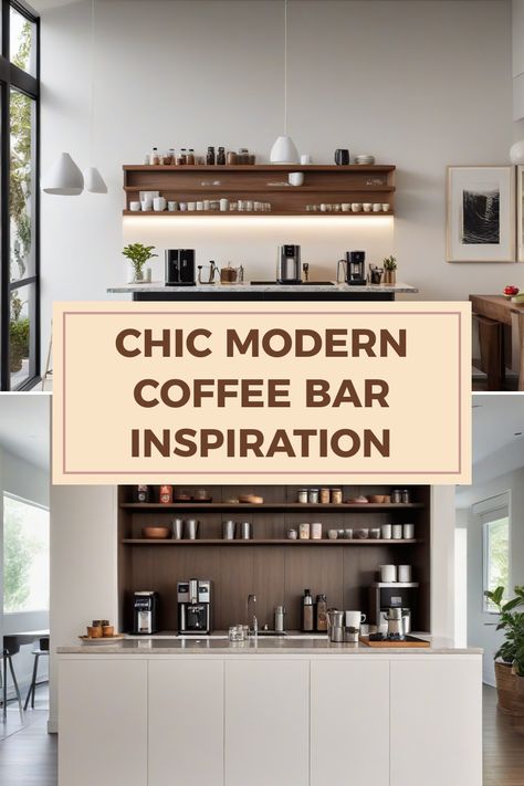 Discover chic modern coffee bar ideas with simple designs and cozy sipping nooks geared for coffee lovers, featuring a chic setup and sleek designs. Coffee Espresso Bar, Whiskey And Coffee Bar, Modern Coffee Station Ideas, Coffee Bar Backsplash, Mid Century Modern Coffee Bar, Coffee And Cocktail Bar, Modern Coffee Bar Ideas, Coffee Bar Inspiration, Coffee And Tea Bar