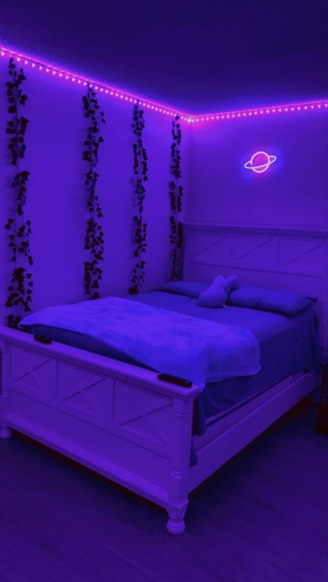 Aesthetic Room, Neon, Led, Bedroom, Lighting, Purple, Bed, Wall