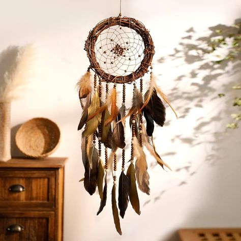 Amazon.com: Dream Catcher Native American Boho Dreamcatcher Rattan Wall Decor, Handmade Natural Goose Feathers Brown Golden Beaded Hanging Ornament Indian Decor for Bedroom Living Room (Dark Brown) : Home & Kitchen Dream Catcher Decor Wall Hangings, Earthy Aesthetic Room, Dream Catcher Ideas, Native American Home Decor, Sleeping Person, American Indian Decor, Tapestry Headboard, Rattan Wall Decor, Indian Dream Catcher