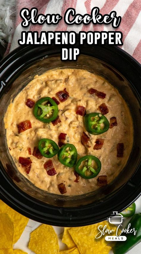 Overhead, look at jalapeno popper dip in a slow cooker. Cheese Dip Crock Pot, Jalapeno Cream Cheese Dip, Cheddar Dip, Jalapeno Dip, Jalapeno Popper Recipes, Jalapeno Popper Dip, Crock Pot Dips, Popper Dip, Cheese Cheddar